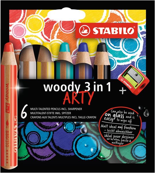 STABILO woody 3 in 1 Multifunkční pastelka ARTY - sada 6 barev s ořezávátkem
