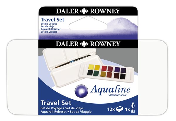 Levně Sada akvarelových barev Daler-Rowney - cestovní box - 12 x 1/2 pánvička + štětec