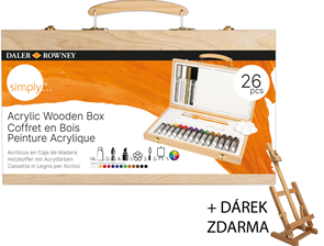 Sada akrylových barev Daler-Rowney včetně příslušenství v dřevěném kufříku+MINI Stolní stojan zdarma