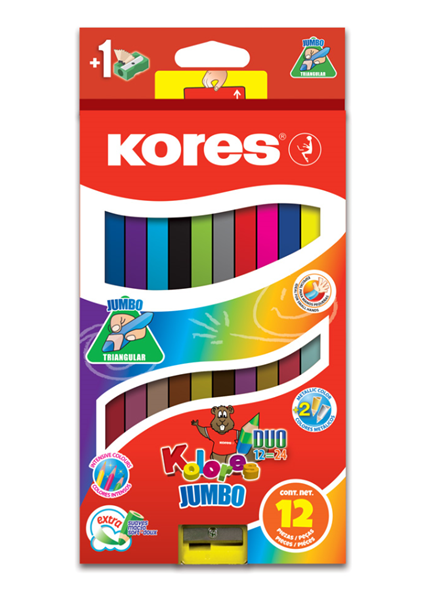 Kores Trojhranné pastelky Kolores Jumbo DUO 2v1 s ořezávátkem, 12 kusů - 24 barev