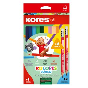 Kores Trojhranné pastelky Kolores Jumbo 12 barev s ořezávátkem + 2 tužky a pryž ZDARMA