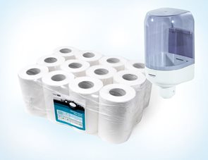 Smartline Midi papírové ručníky v roli 2 vrstvé - bílé ( 2 x 12 rolí ) + zásobník na Midi ručníky