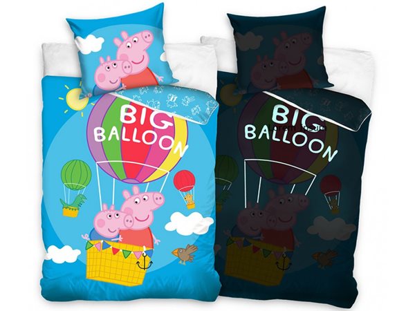 Svítící dětské povlečení PRASÁTKO PEPINA A TOMÍK V BALÓNU