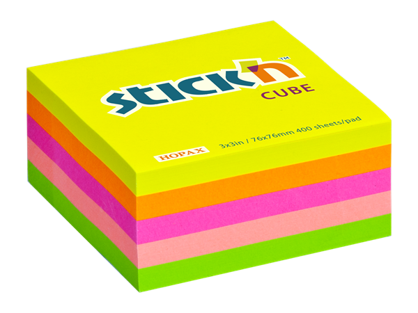 Samolepicí kostka Stick'n 76 × 76 mm, 400 lístků, mix neonových barev