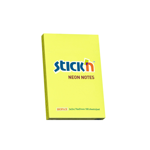 Samolepicí bloček Stick'n 76 × 51 mm, 100 lístků, neonově žlutý