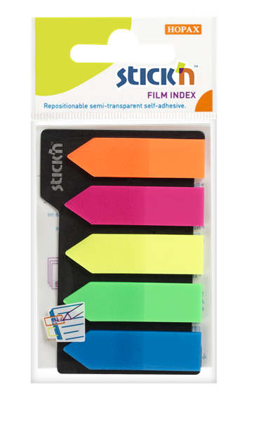 Levně Plastové samolepicí záložky Stick'n 42 × 12 mm, 5 × 25 lístků, neon šipky