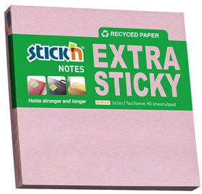 Samolepicí bloček Stick'n Extra Sticky 76 × 76 mm, 90 lístků, recyklovaný pastelově růžový