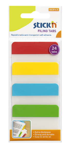 Levně Plastové samolepicí záložky Stick'n extra pevné, 38 × 51 mm, 4 barvy × 6 záložek