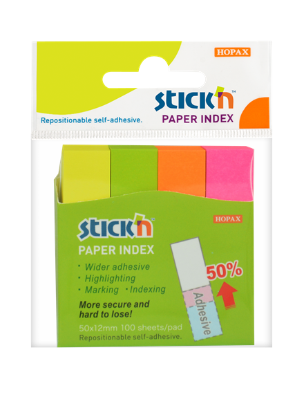 Papírové samolepicí záložky Stick'n 50 × 12 mm, 4 × 100 lístků, nenonové barvy