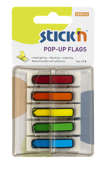 Levně Plastové samolepicí záložky Stick'n POP-UP 45 × 12 mm, 5 × 30 lístků, neon šipky