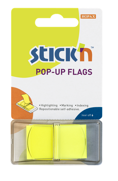 Levně Plastové samolepicí záložky Stick'n POP-UP 45 × 25 mm, 50 lístků, neonově žluté