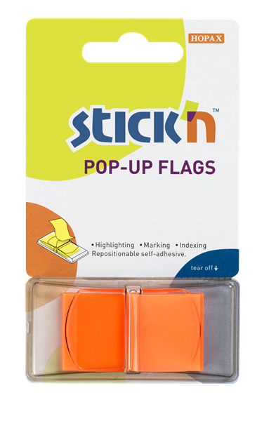 Levně Plastové samolepicí záložky Stick'n POP-UP 45 × 25 mm, 50 lístků, neonově oranžové