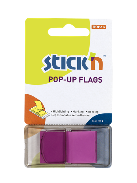 Levně Plastové samolepicí záložky Stick'n POP-UP 45 × 25 mm, 50 lístků, neonově fialové