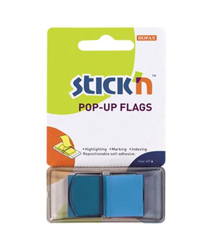 Plastové samolepicí záložky Stick'n POP-UP 45 × 25 mm, 50 lístků, neonově modré