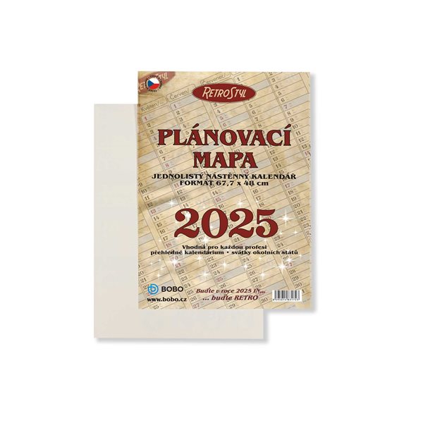 BOBO Plánovací roční mapa 2025 Retro 68 × 48 cm, skládaná - 68 x 48 cm