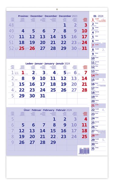 Kalendář nástěnný 2024 - Tříměsíční modrý s poznámkami