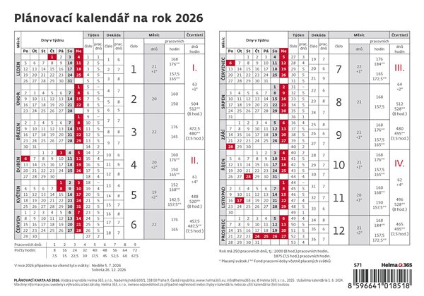 Kalendář stolní 2026 - Plánovací karta 