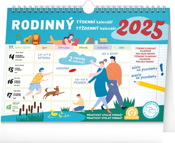 Týdenní rodinný plánovací kalendář 2025 s háčkem, 30 × 21 cm