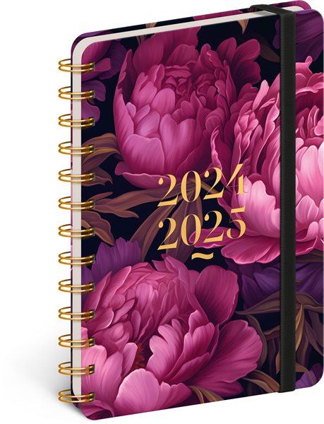 Spirálový 18měsíční diář Petito – Fialové květy 2024/2025, 13 × 18 cm