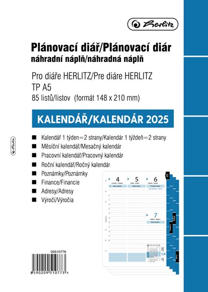 Herlitz Náplň do diáře 2025, A5, týdenní, 85 listů