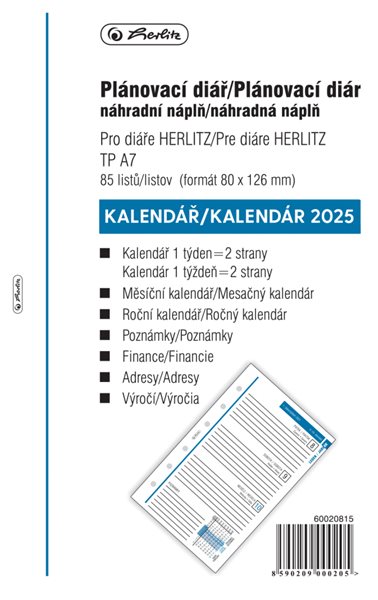 Herlitz Náplň do diáře 2025, A7, týdenní, 85 listů