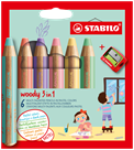 STABILO woody 3 in 1 Multifunkční pastelka - 6 pastelových barev s ořezávátkem