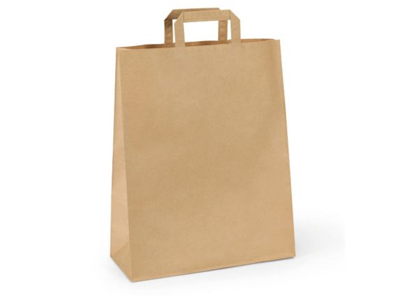 Levně Papírová taška s plochým uchem 28 × 17 × 27 cm, 80 g - hnědá
