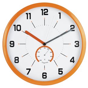 Nástěnné analogové hodiny s teploměrem, 30 cm - oranžová