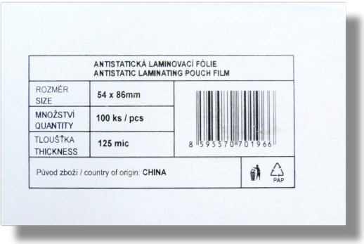 Laminovací fólie - kapsy 54 × 86 mm, 125 mic (100 ks)