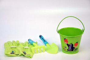 Zahradní nářadí dětské s kbelíkem průmět 15 cm, /plast a plech/ Krtek