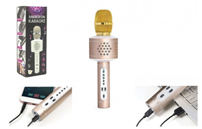Mikrofon karaoke - Bluetooth zlatý na baterie s USB kabelem 