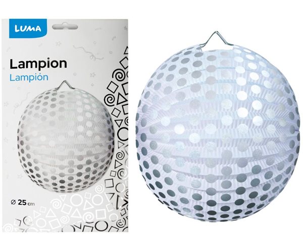 Lampion 25 cm - kulatý puntík stříbrný