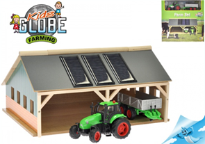 Farma dřevěná 1:50 + traktor kov na baterie se světlem a zvukem s doplňky