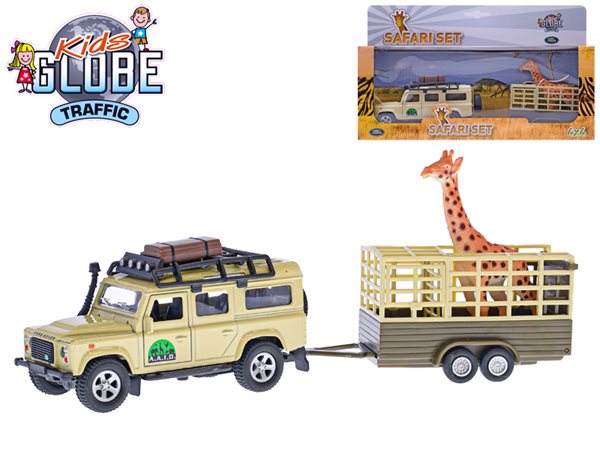 Levně Kids Globe Traffic Land Rover Defender 14 cm na zpětný chod s přívěsem 14 cm a žirafou