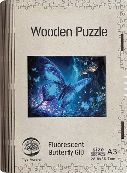 Levně Dřevěné puzzle WOODEN fluorescentní motýl - 300 dílků, Sleva 100%