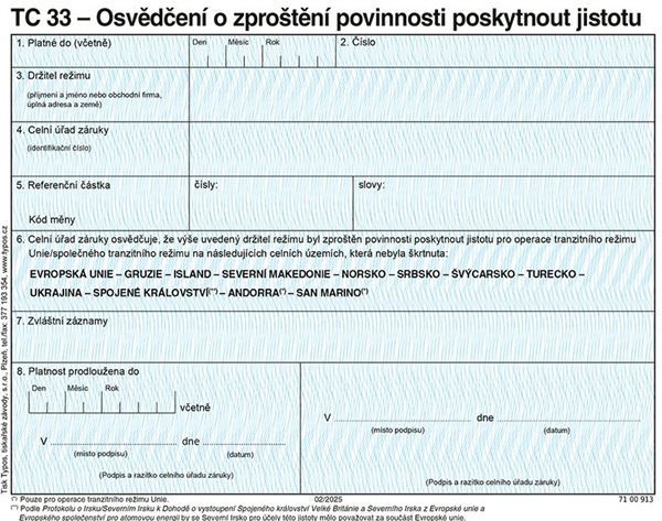 TC 33 - Osvědčení o zproštění povinnosti poskytnout jistotu (platné od 1.2. 2025)